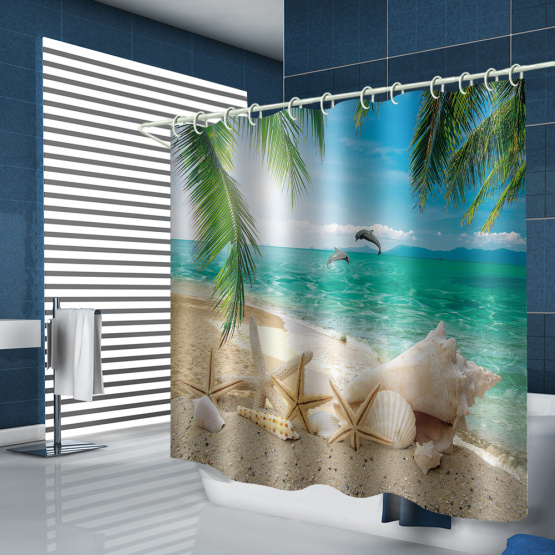 Starfish Beach Sea Palms Waterproof Shower Curtain Bathroom Tropical Style Batnroom Decor