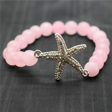 Rose Quartz 8MM Round Beads Stretch Gemstone Bracelet with Diamante alloy starfish Piece