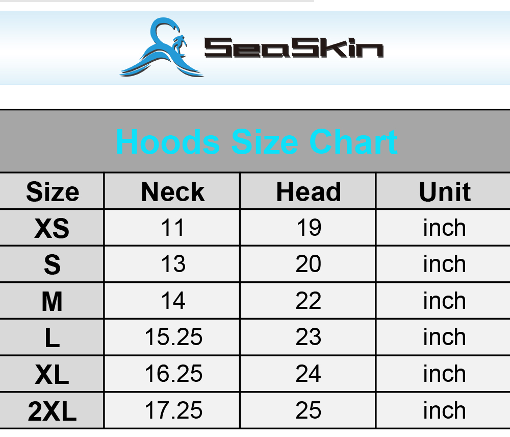 Seaskin Neoprene Hoods Size Chart