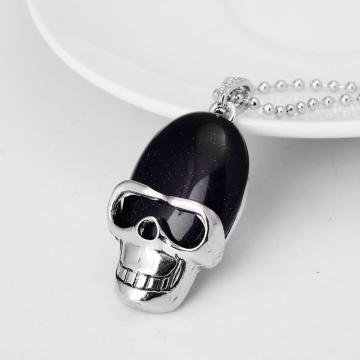 Blue Goldstone Skull Gemstone Pendant Necklace with Silver chain