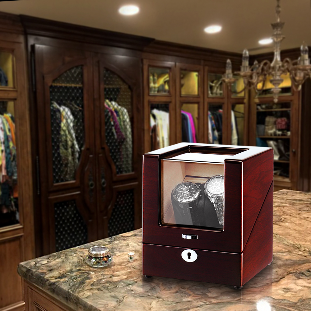 red wood watch winder in dressing room