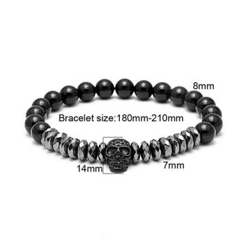 Fashion Black Natural Stone Crystal Bracelet Skull 8mm Bead Stainless Steel Bracelet