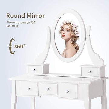 White Vanity Table with Oval Mirror/ 5 Drawers Makeup Table with Mirror Wood Dressing Table w/Cushioned Stool