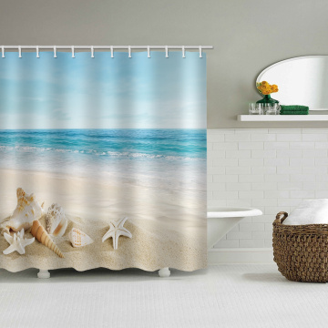 Starfish Conch Waterproof Shower Curtain Blue Sea Beach Bathroom Decor
