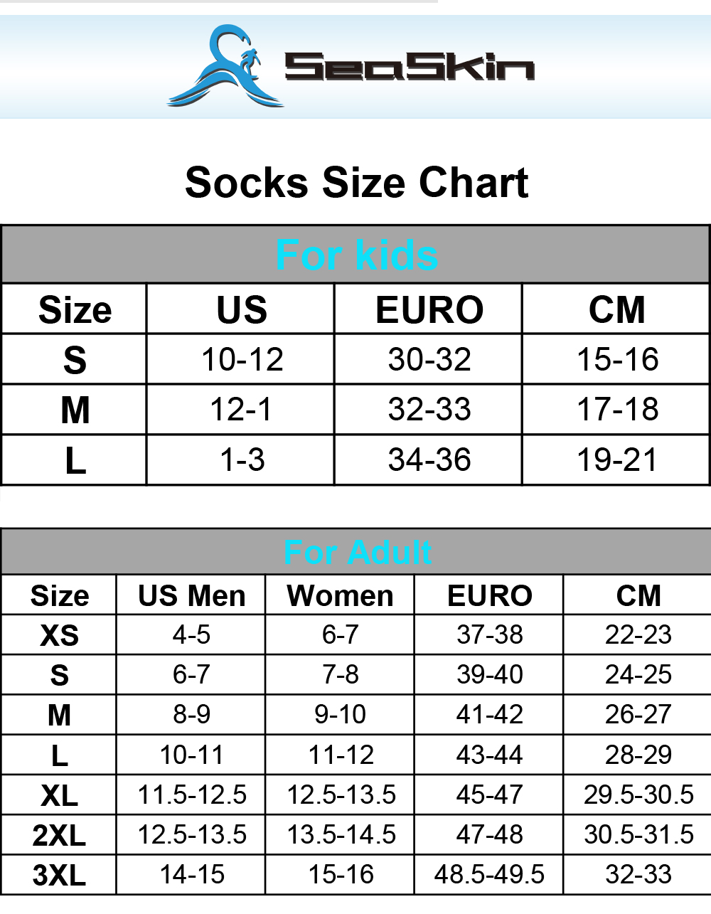 Seaskin Socks Size Chart