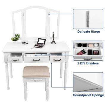 3 Large Drawers, Tri folding Mirror, Makeup Dressing Table with Storage Cushioned Stool