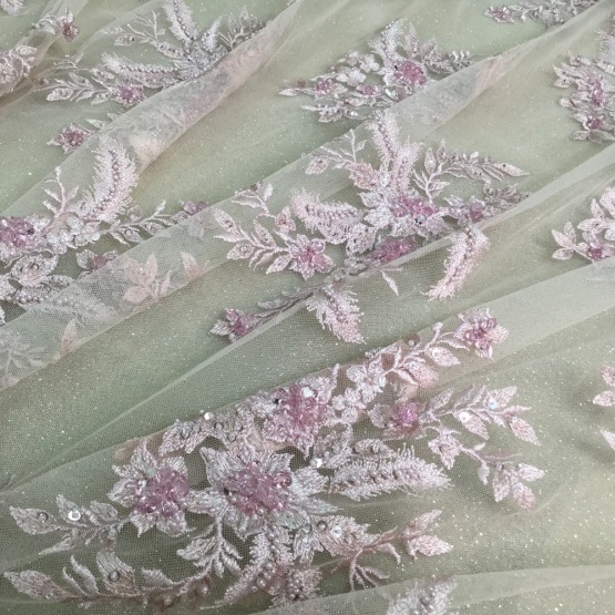 Pink Rhinestion Handwork Embroidery Fabric