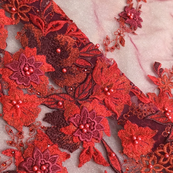 Red Handwork Beaded Embroidery Fabric