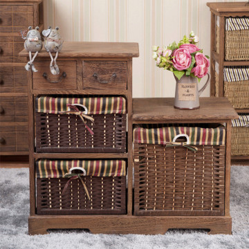 factory antique solid wooden cabinet with wicker drawer