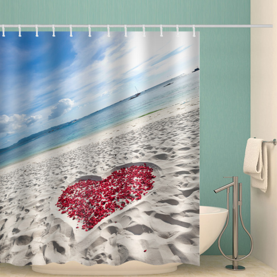 Sea Beach with Rose Love Heart Waterproof Shower Curtain Ocean Romantic Bathroom Decor