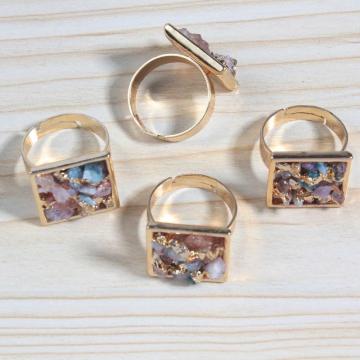 18k Gold Color Natural Square Drusy Crystal Rings