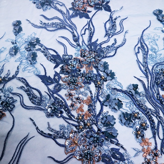 Dark Blue Beaded Floral Embroidery Fabric