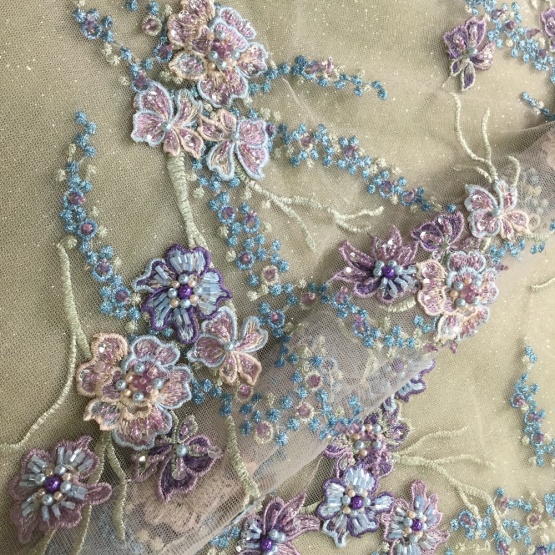 Purple Handmade Beaded Crystal Lace Fabric