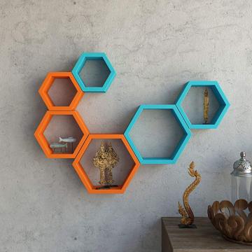 6 Piece Hexagon Shape MDF Wall Shelf, Orange and Sky Blue