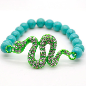 Turquoise 8MM Round Beads Stretch Gemstone Bracelet with Diamante Snake Piece