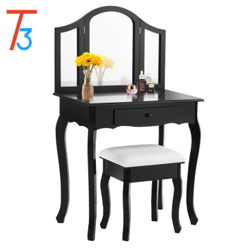 Bathroom Vanity Makeup Table Set w/ Tri-folding Mirror & Cushioned Stool Dressing Table (Black)