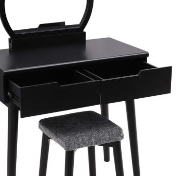 Vanity Table Set with Round Mirror 2 Large Sliding Drawers Makeup Dressing Table with Cushioned Stool, Black