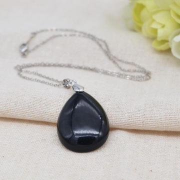 Natural Black Onyx 28x35MM Waterdrop Pendant Necklace with 45CM Silver Chain