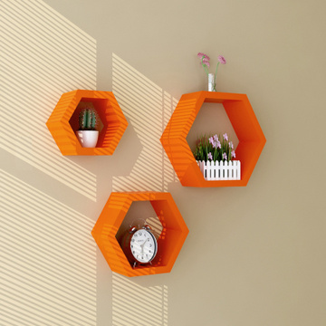 High quality 3 Piece MDF wood Hexagon Decorative Wall mount floating shelf