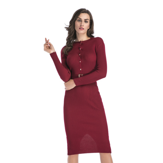 Women Knitted Dresses with Belt and Metal Buttons