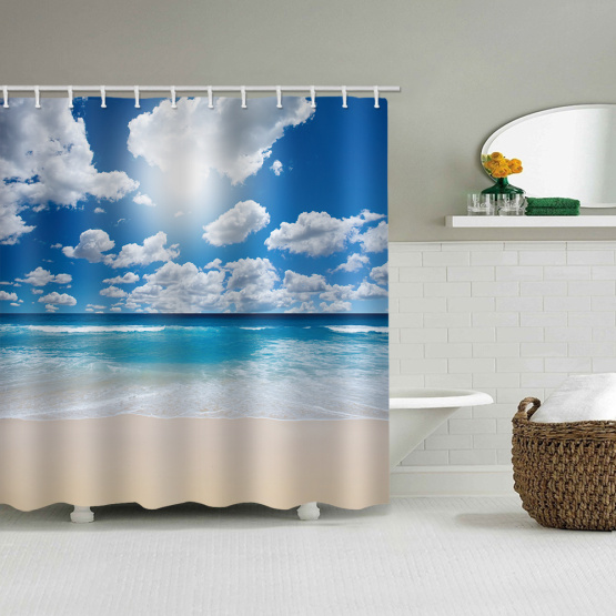 Sea Wave Beach Waterproof Shower Curtain Blue Ocean White Clouds Bathroom Decor Shower Curtain with Hooks