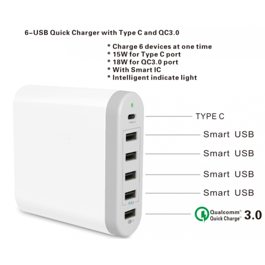 6USB Charger With Type C and QC 3.0
