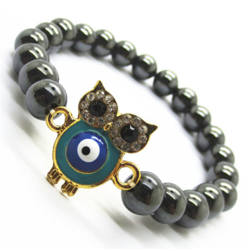 Hematite 8MM Round Beads Stretch Gemstone Bracelet with Diamante alloy Owl Piece