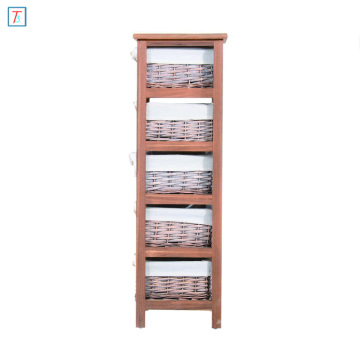 5 Drawer Storage Unit Wooden Frame with Wicker Woven Baskets Household Cabinet Chest