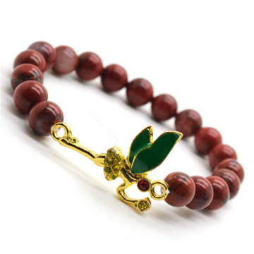 Red Jasper 8MM Round Beads Stretch Gemstone Bracelet with Diamante alloy dragonfly Piece