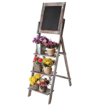 Decorative Torched Wood Easel Style Chalkboard Stand with 3 Tier Display Shelves