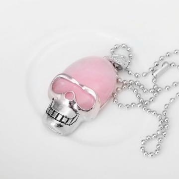 Rose Quartz Skull Gemstone Pendant Necklace