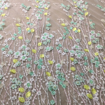 Green Beaded Wedding lace Handwork Fabric