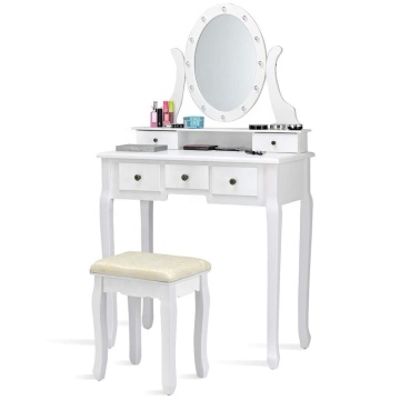 White 5 Drawers 12 LED Lights Bedroom wooden vanity dressing table with Benches