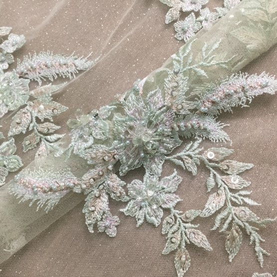 Mint Hand Beaded Embroidery Lace Fabric