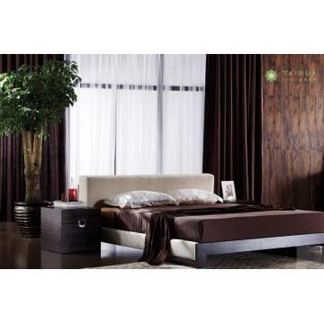 Modern Melamine Bedroom Bed with Beige Fabric Cushion