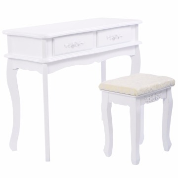 White Vanity Jewelry Makeup Dressing Table Set W Stool 4 Drawer Mirror Wood Desk