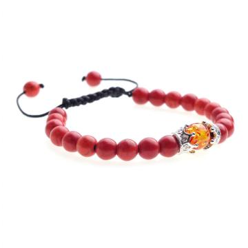 Amber and Crown Charm Red Turquoise Beads Woven Bracelet