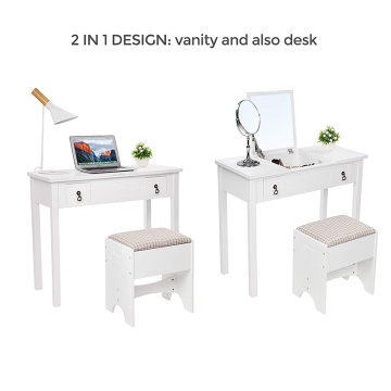 White Vanity Makeup Table with Flip Top Mirror Dresser Makeup Table with 2 Drawers Cushioned Stool 3 Removable Organizers