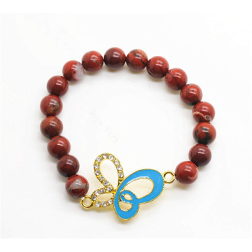 Red Jasper 8MM Round Beads Stretch Gemstone Bracelet with Diamante alloy butterflyPiece
