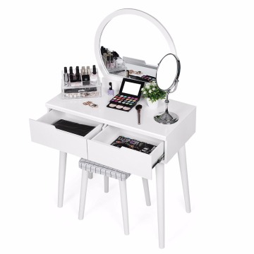 Table Set with Mirror 2 Large Sliding Drawers Makeup Dressing Table with Cushioned Stool