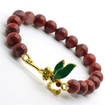 Red Jasper 8MM Round Beads Stretch Gemstone Bracelet with Diamante alloy dragonfly Piece