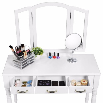 Vanity Table Set with Tri-folding Mirror Makeup Dressing Table Cushioned Stool 3 Drawers