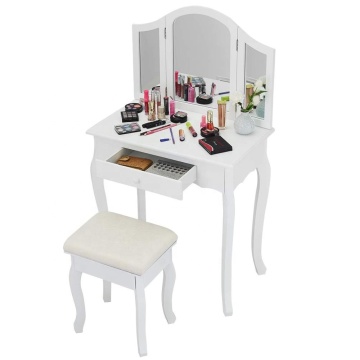 Bathroom Vanity Makeup Table Set Tri-Folding Stool Dressing Table (White)