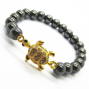 Hematite 8MM Round Beads Stretch Gemstone Bracelet with Diamante alloy tortoise Piece
