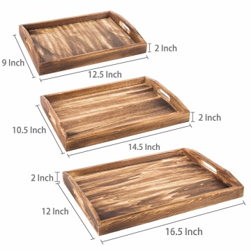 Set of 3 Torched Wood Rectangular Nesting Breakfast, Coffee Table / Butler Serving Trays, Dark Brown