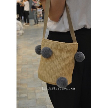 Beach Tote Bag Handmade Straw Woven with Pom Pom for Women and Girls