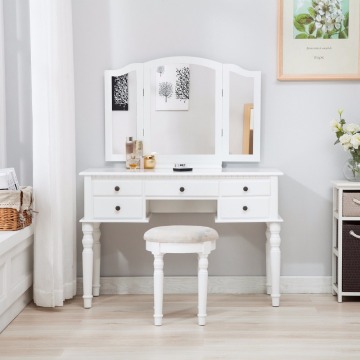 White Tri Folding Mirror Vanity Makeup Table Dressing Desk with Dresser Stool