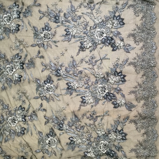 Black Beaded 3D flower Handework Fabric for Dress