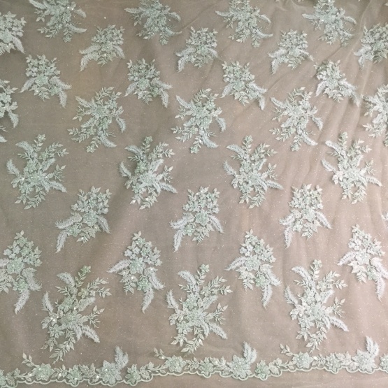 Mint Hand Beaded Embroidery Lace Fabric