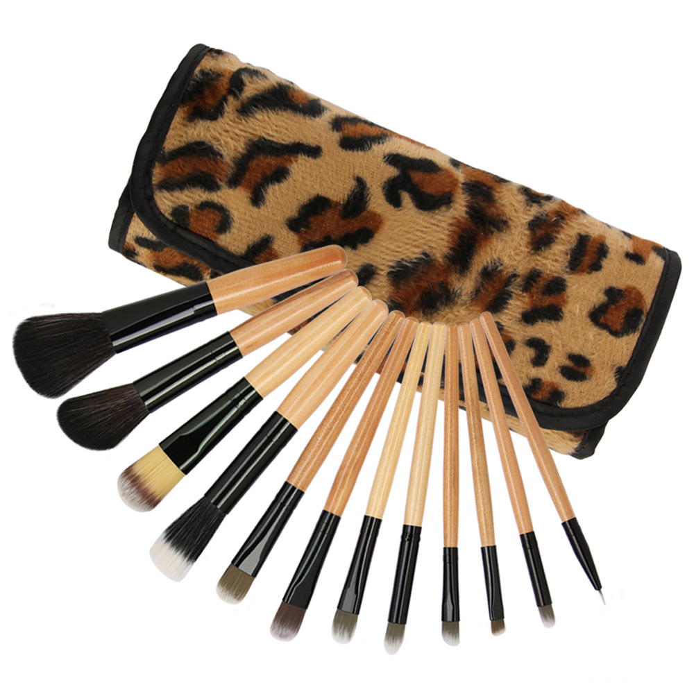 12Pcs Leopard Gold Wood Makeup Brushes Set 5